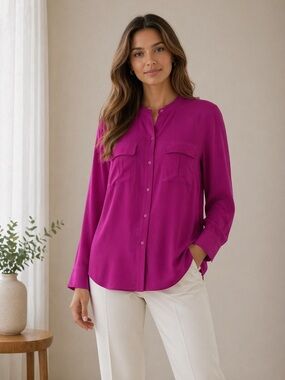 Vince 100% Silk Blouse Fuchsia Brushed Silk     Quiet luxury Button Front Size 4